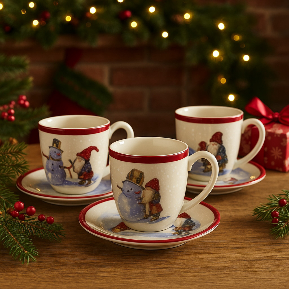 Williams Sonoma Snowman Gnome Tea Cups & Saucers Set of 3 Winter Holiday